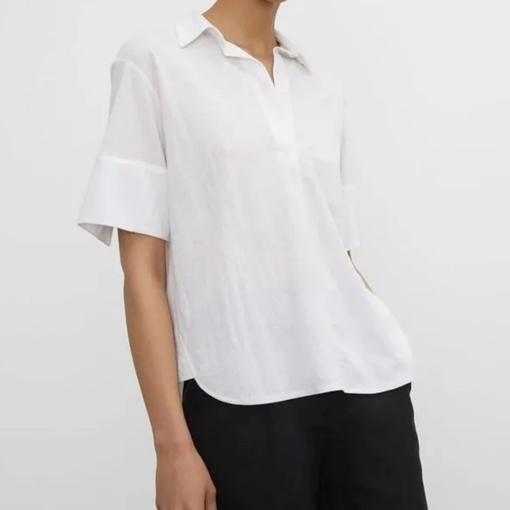 CLUB MONACO Women’s EVERYWEAR Shirt Blanc White Popover Collared Half Sleeve L
